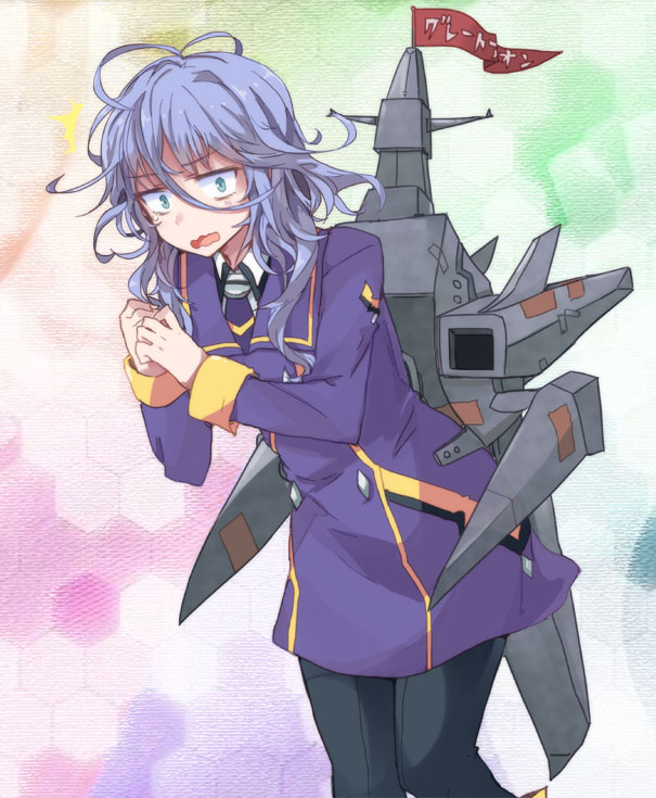 1girl, antenna_hair, black_legwear, blue_hair, messy_hair, military, military_uniform, necktie