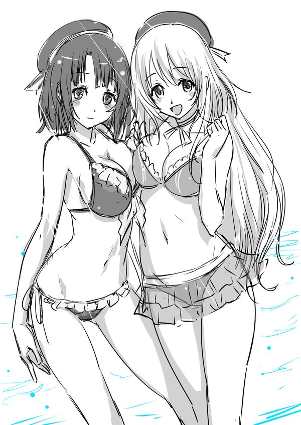 2girls, asymmetrical_docking, atago_(kantai_collection), bikini, blush, breast_press, breasts, cleavage