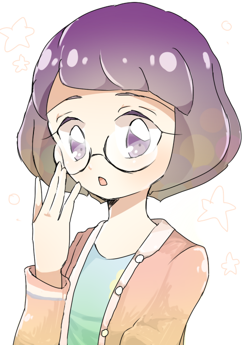 1girl, brown_hair, glasses, gradient_hair, junknown, looking_at_viewer, misora_inaho, multicolored_hair, open_mouth, purple_hair, solo, star, upper_body, violet_eyes, youkai_watch, youkai_watch_3