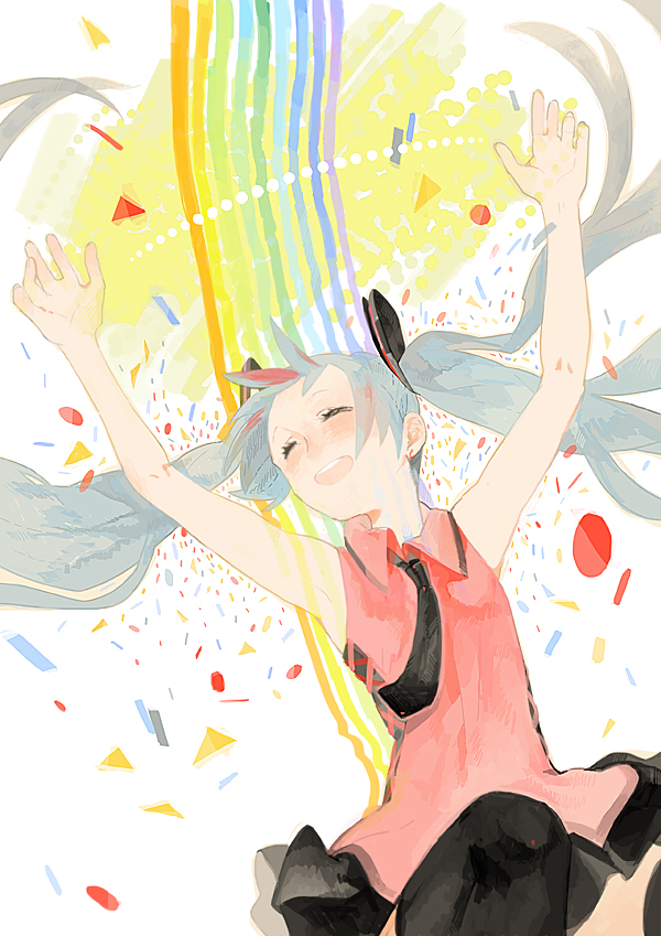 1girl, aqua_hair, arms_up, blush, closed_eyes, electric_love_(vocaloid), hatsune_miku, kaninn, long_hair, necktie, open_mouth, rainbow, shirt, sleeveless, sleeveless_shirt, smile, solo, twintails, very_long_hair, vocaloid
