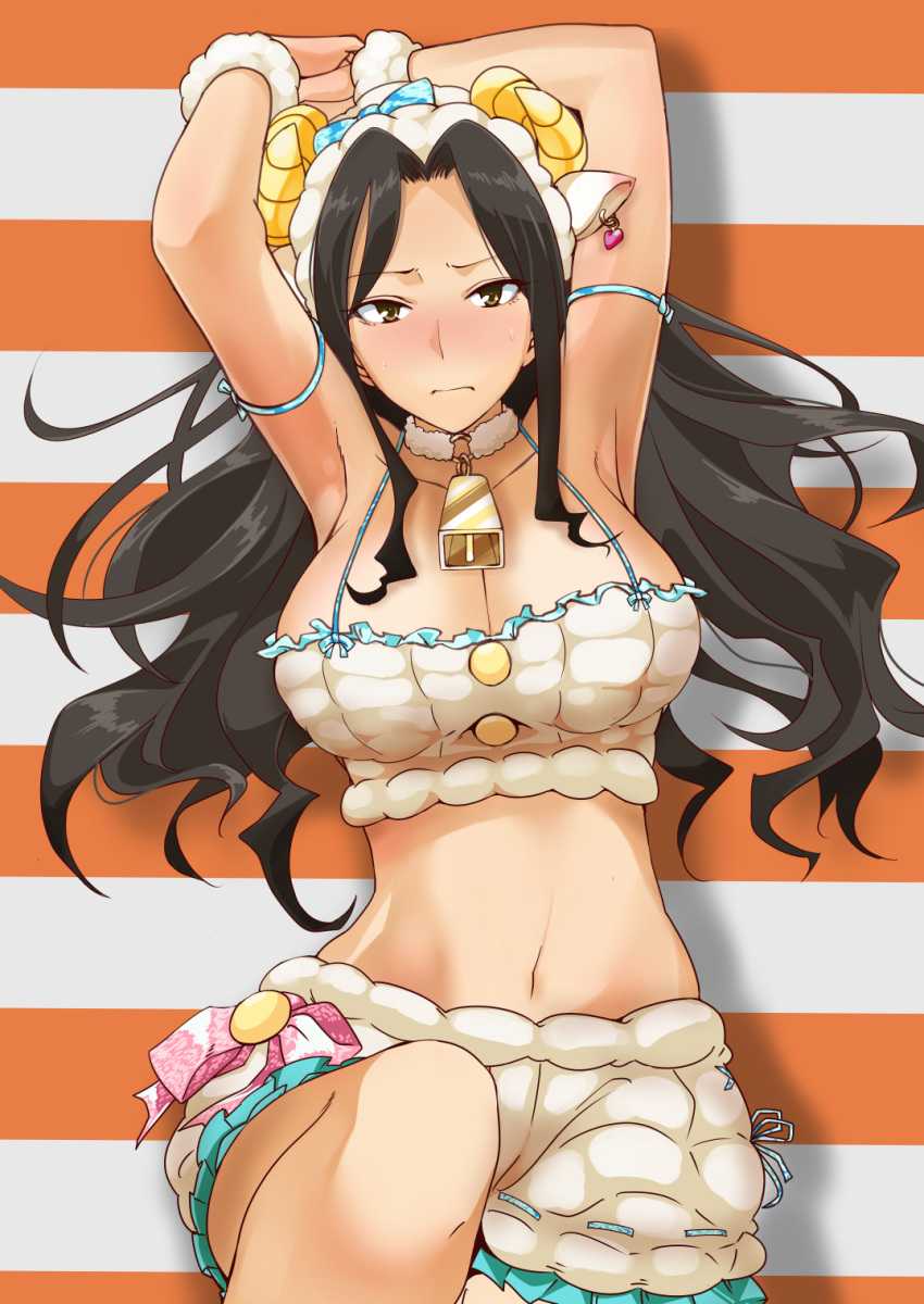 1girl, animal_costume, armpits, arms_up, bell, bell_collar, black_hair, blush