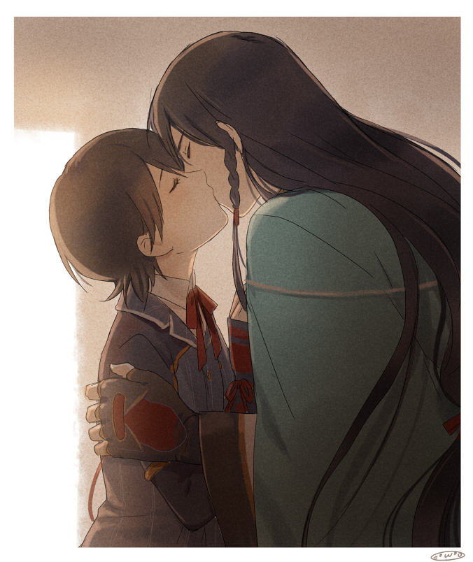 2boys, age_difference, black_hair, braid, closed_eyes, fingerless_gloves, gloves, height_difference