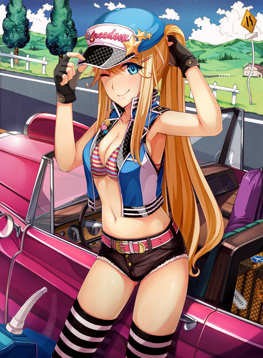1girl, ;), adjusting_clothes, adjusting_hat, badge, belt, bikini_top, blonde_hair