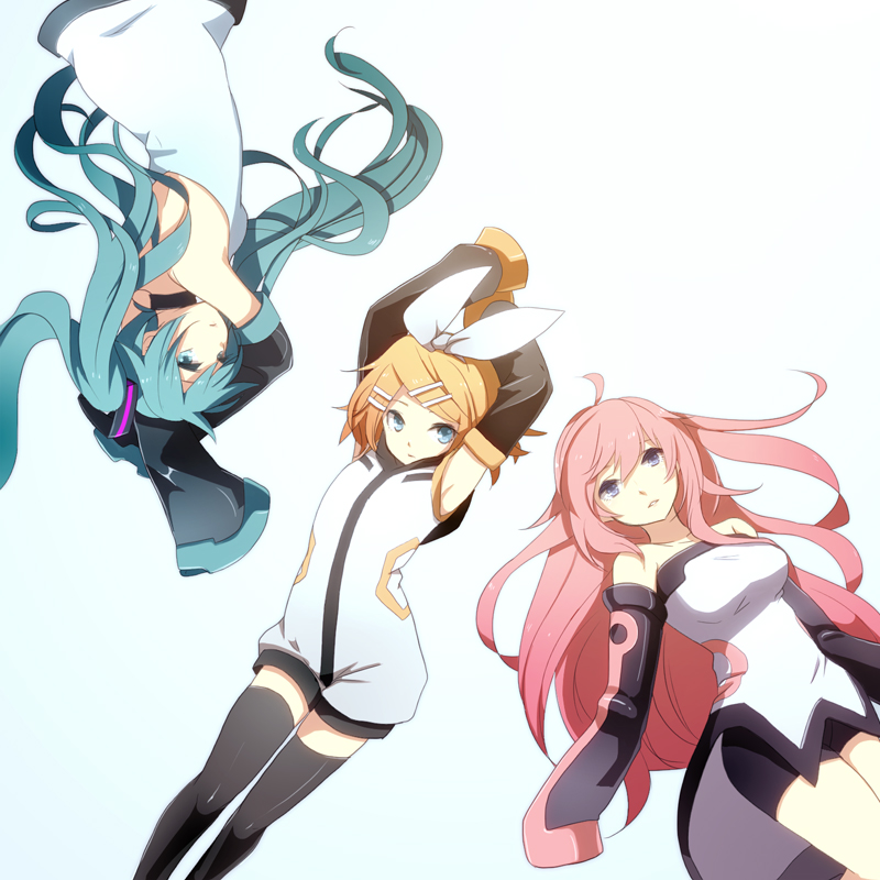 3girls, ahoge, alternate_costume, aqua_eyes, aqua_hair, bare_shoulders, black_legwear, blonde_hair