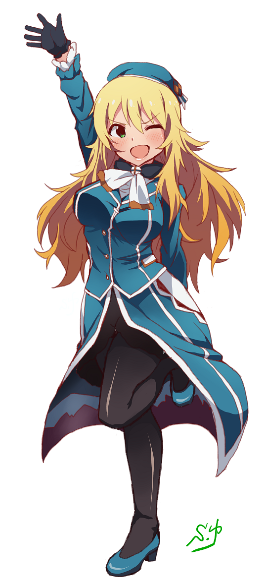 1girl, atago_(kantai_collection), atago_(kantai_collection)_(cosplay), beret, blonde_hair, cosplay, gloves, green_eyes