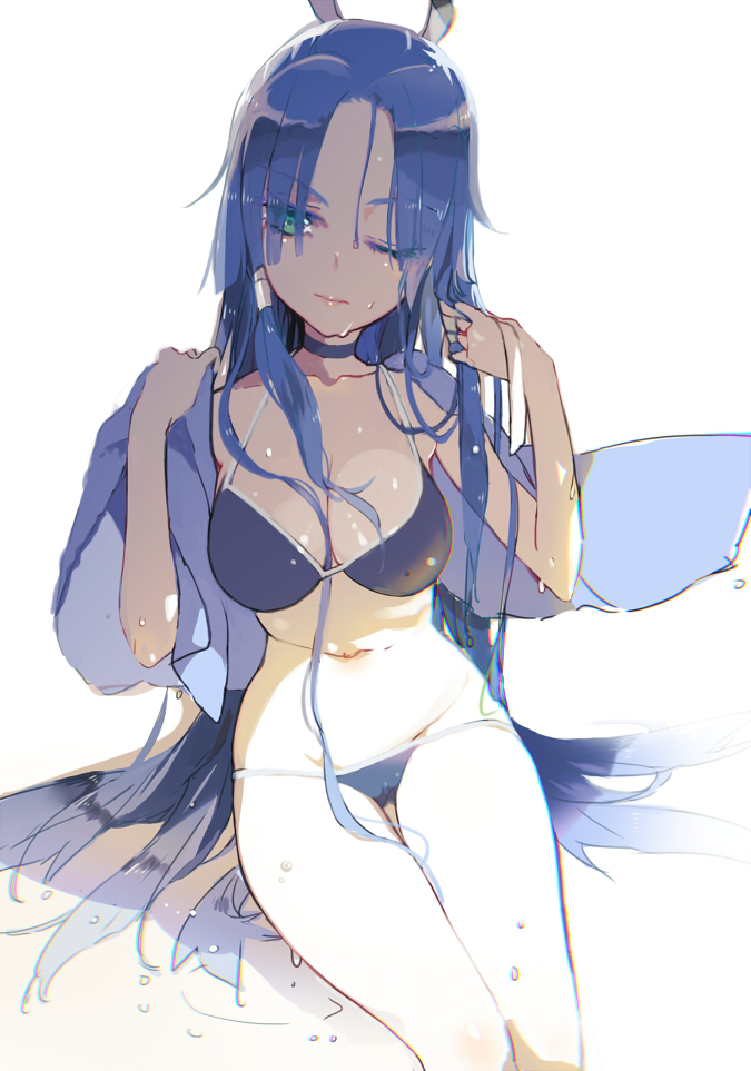 1girl, battle_spirits:_burning_soul, bikini, bikini_pull, blue_hair, breasts, choker, green_eyes