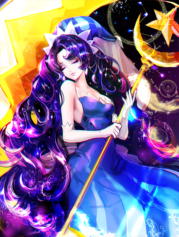 1girl, blue_dress, closed_eyes, cookie_run, dress, earrings, elbow_gloves, gloves