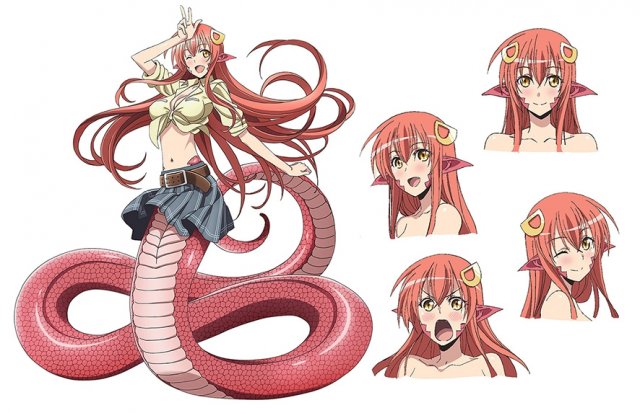 1girl, breasts, cleavage, facial_expressions, full_body, hair_ornament, hairclip, lamia