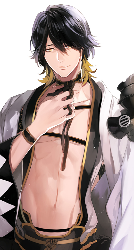 1boy, black_hair, blonde_hair, facial_hair, japanese_clothes, male_focus, multicolored_hair, nagasone_kotetsu