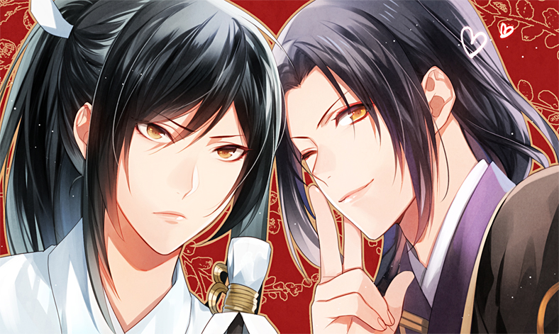 2boys, black_hair, face, japanese_clothes, jirou_tachi, long_hair, male_focus, multiple_boys