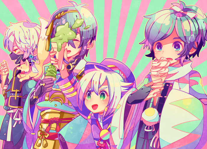 4boys, blush, bridal_gauntlets, closed_eyes, earrings, food, fox, gloves