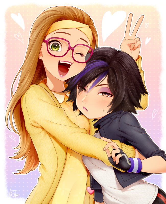 2girls, big_hero_6, black_hair, blush, brown_eyes, brown_hair, cardigan, cropped_jacket