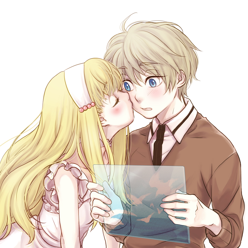 1boy, 1girl, aldnoah.zero, asseylum_vers_allusia, blonde_hair, blue_eyes, blush, cheek_kiss, kiss, nana_(t-a-f), silver_hair, slaine_troyard, younger