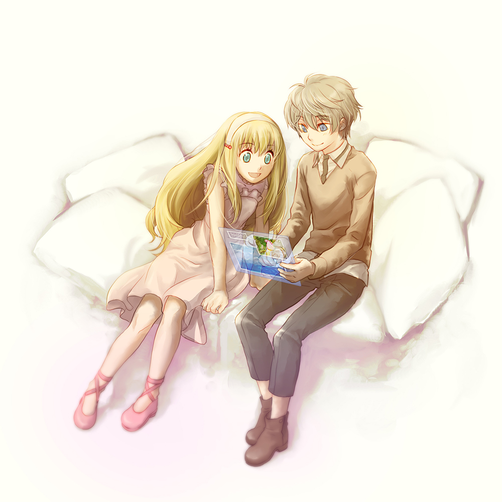 1boy, 1girl, aldnoah.zero, asseylum_vers_allusia, blonde_hair, blue_eyes, nana_(t-a-f), silver_hair