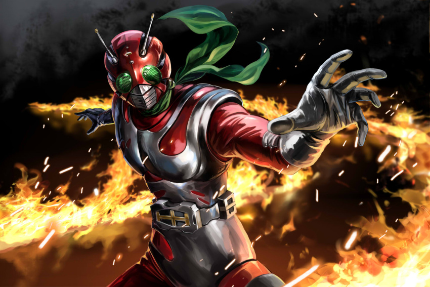 1boy, antennae, belt, compound_eyes, fire, gloves, green_eyes, highres