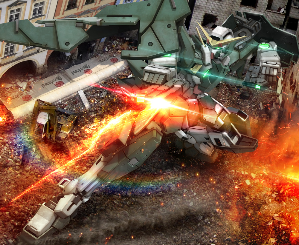 debris, dual_wielding, dynames, excavator, fire, glowing, glowing_eyes, green_eyes, gun, gundam, gundam_00, hiropon_(tasogare_no_puu), mecha, no_humans, photo_background, solo, weapon