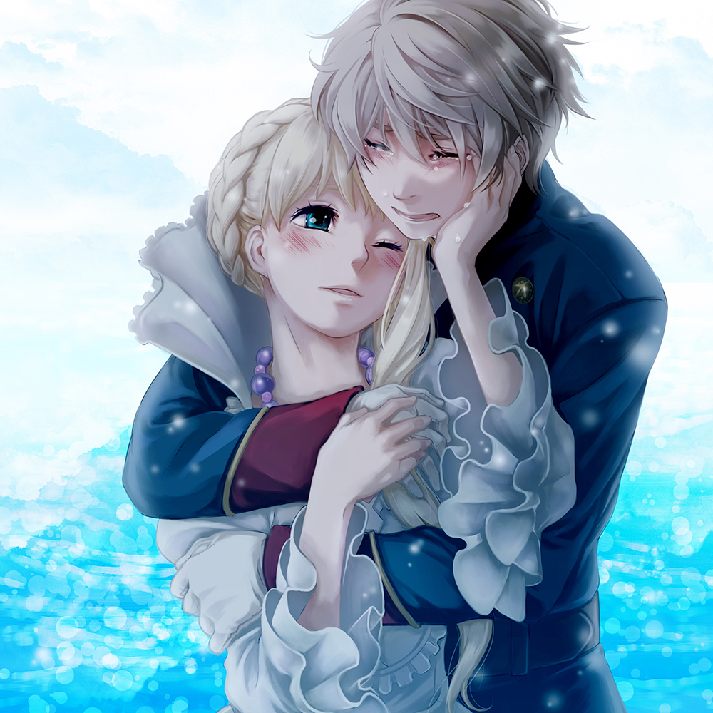 1boy, 1girl, aldnoah.zero, asseylum_vers_allusia, blonde_hair, blue_eyes, blush, hug, hug_from_behind, nana_(t-a-f), silver_hair, slaine_troyard, tears