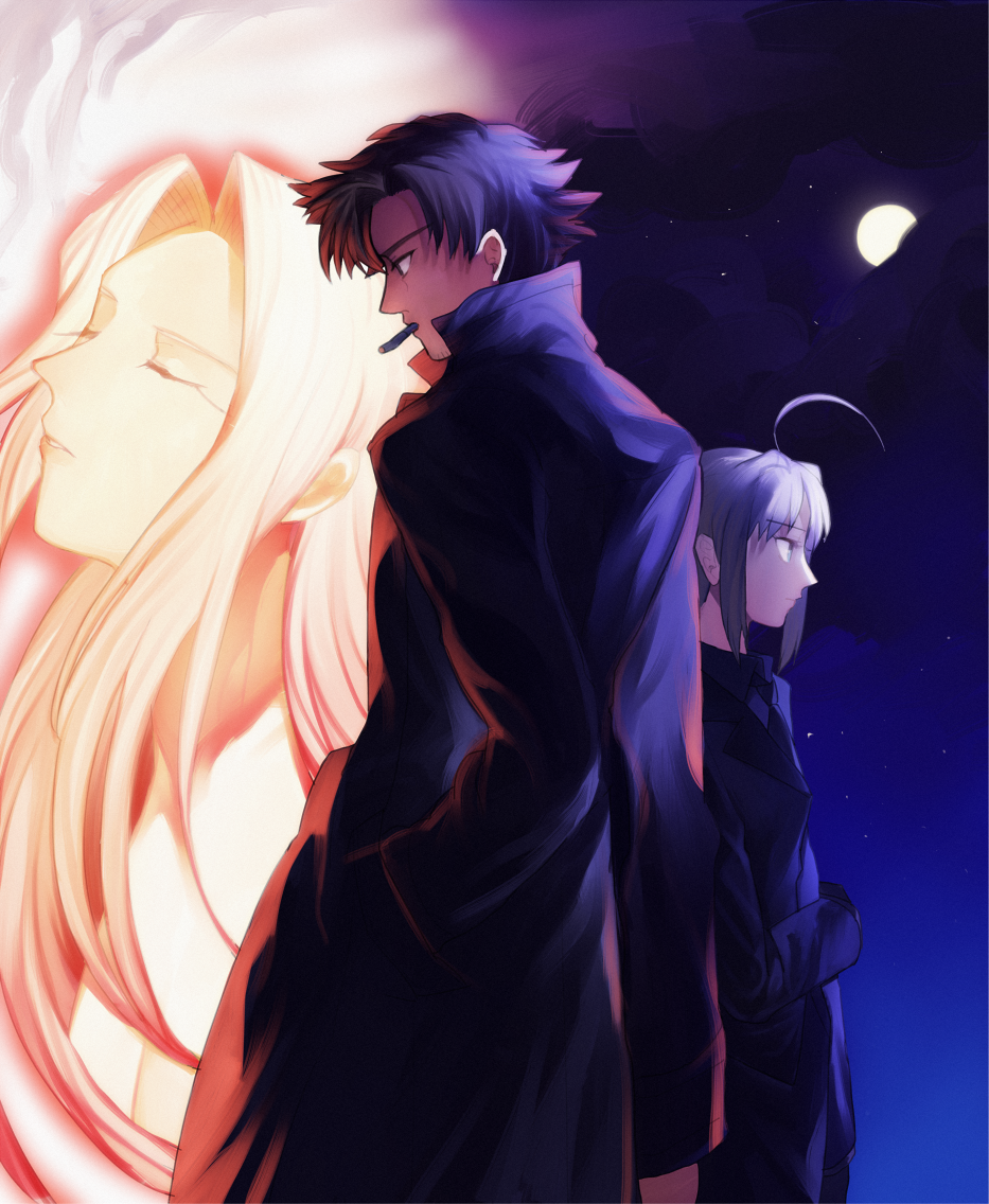 1boy, 2girls, black_hair, emiya_kiritsugu, fate/stay_night, fate_(series), full_moon, irisviel_von_einzbern