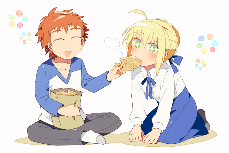 1boy, 1girl, ahoge, blonde_hair, emiya_shirou, fate/stay_night, fate_(series), feeding