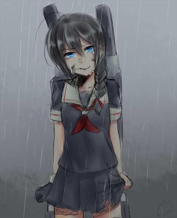 1girl, ahoge, blue_eyes, braid, brown_hair, cannon, crying, crying_with_eyes_open