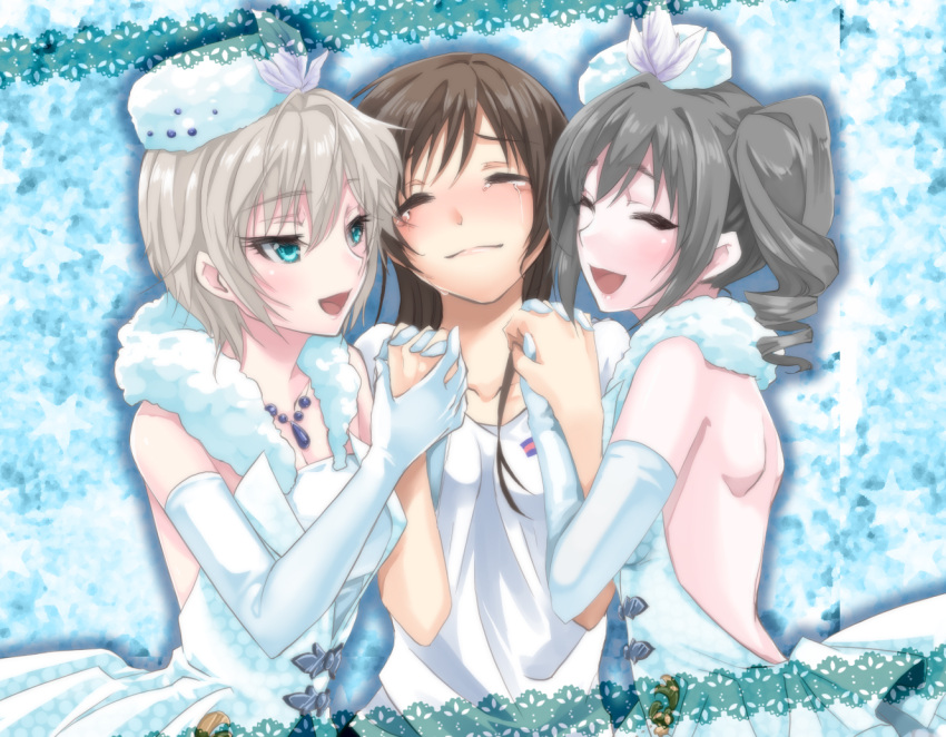 3girls, anastasia_(idolmaster), blue_eyes, brown_hair, drill_hair, holding_hands, idolmaster, idolmaster_cinderella_girls