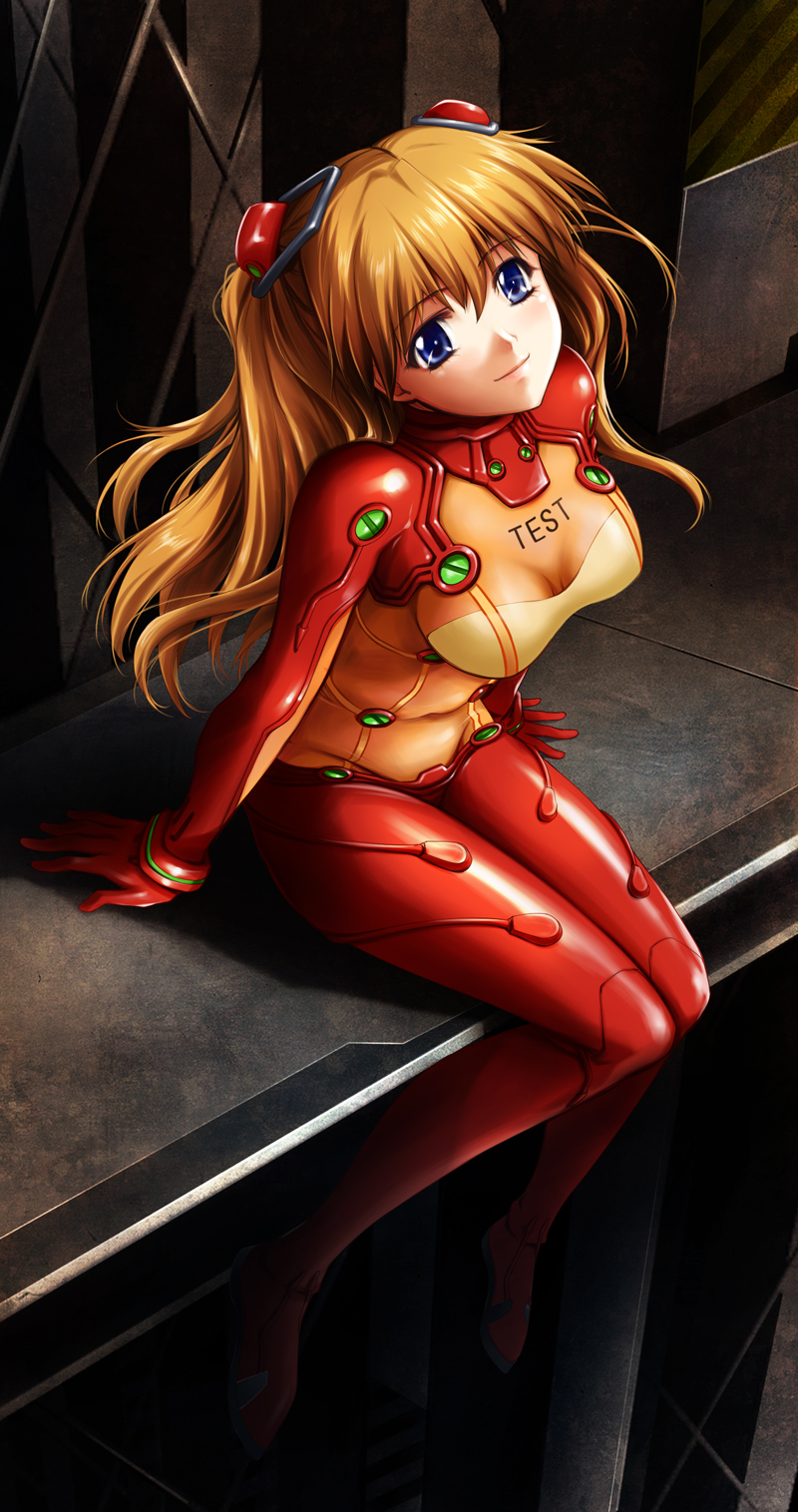 breasts, cleavage, highres, long_hair, nekonpo, neon_genesis_evangelion, orange_hair, plugsuit, rebuild_of_evangelion, shikinami_asuka_langley, sitting, skin_tight, smile, solo, souryuu_asuka_langley, test_plugsuit, ueda_metawo