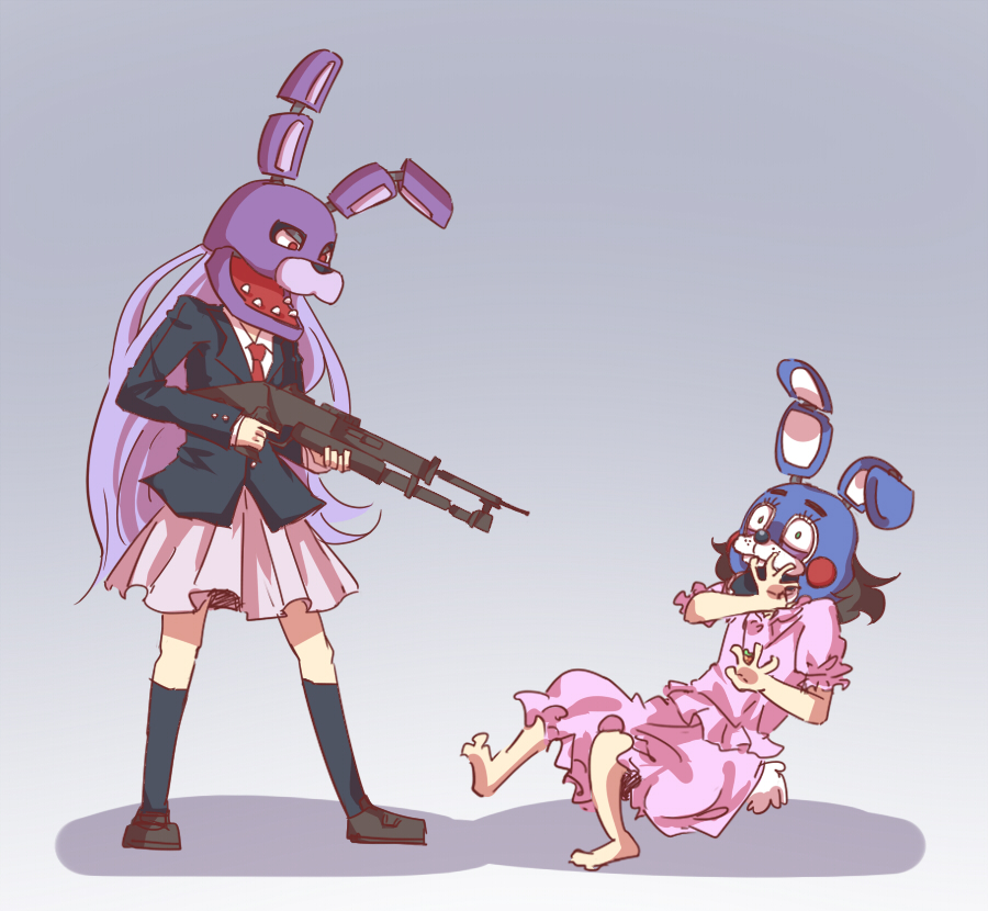 2girls, animal_head, black_hair, bonnie_(fnaf), crossover, dress, five_nights_at_freddy's, five_nights_at_freddy's_2