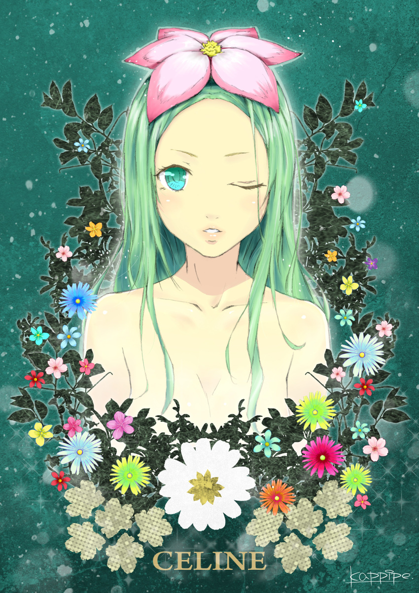 1girl, ;o, absurdres, aqua_eyes, aqua_hair, breasts, celine, cleavage