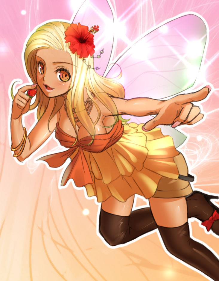blonde_hair, bracelet, breasts, cleavage, dark_skin, dragon_quest, dragon_quest_ix, fairy