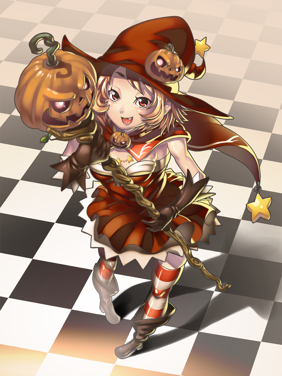 boots, checkered, fang, gloves, halloween, hat, highres, knife_(artist), original, pumpkin, red_eyes, short_hair, staff, star, striped, striped_legwear, striped_thighhighs, thigh-highs, thighhighs, witch, witch_hat