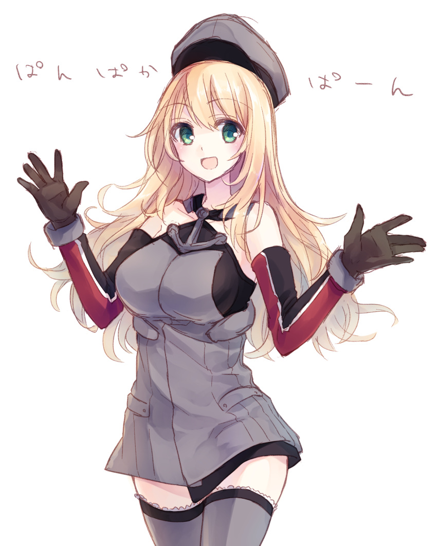 1girl, anchor, atago_(kantai_collection), bare_shoulders, beret, bismarck_(kantai_collection), bismarck_(kantai_collection)_(cosplay), blonde_hair, breasts, brown_gloves, choco_(choco-la), cowboy_shot, detached_sleeves, dress, gloves, green_eyes, grey_dress, grey_legwear, hat, highres, kantai_collection, large_breasts, long_hair, looking_at_viewer, military, military_hat, military_uniform, pan-pa-ka-paaan!, peaked_cap, simple_background, solo, thigh-highs, uniform, white_background