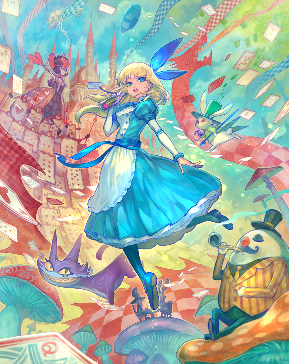 :d, alice_(wonderland), alice_in_wonderland, bangs, blonde_hair, blue_bow, blue_dress, blue_legwear