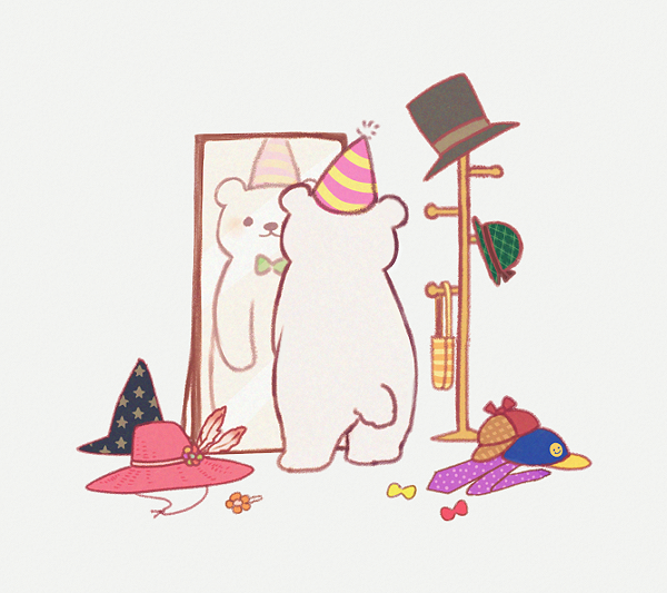 ayu_(mog), black_eyes, bowtie, hat, hat_rack, hat_removed, headwear_removed, mirror, necktie, necktie_removed, no_humans, original, party_hat, polar_bear, reflection, solo, star, top_hat, unmoving_pattern, witch_hat