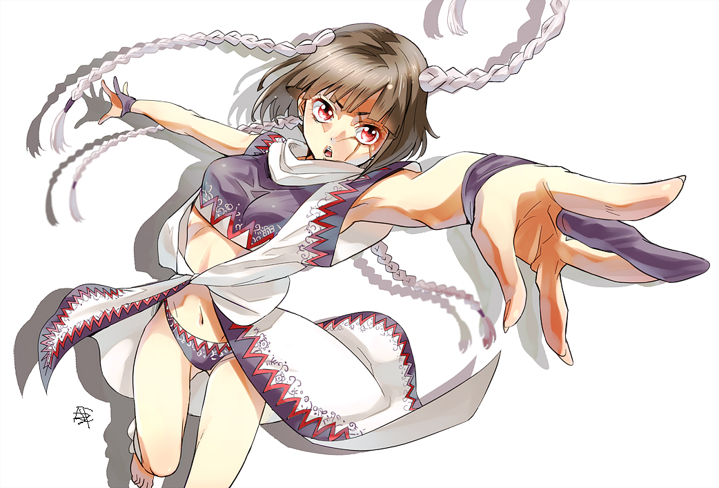 1girl, barefoot, black_hair, braid, facial_mark, hariyama_(toubou_tengoku), jojo_no_kimyou_na_bouken, leg_warmers