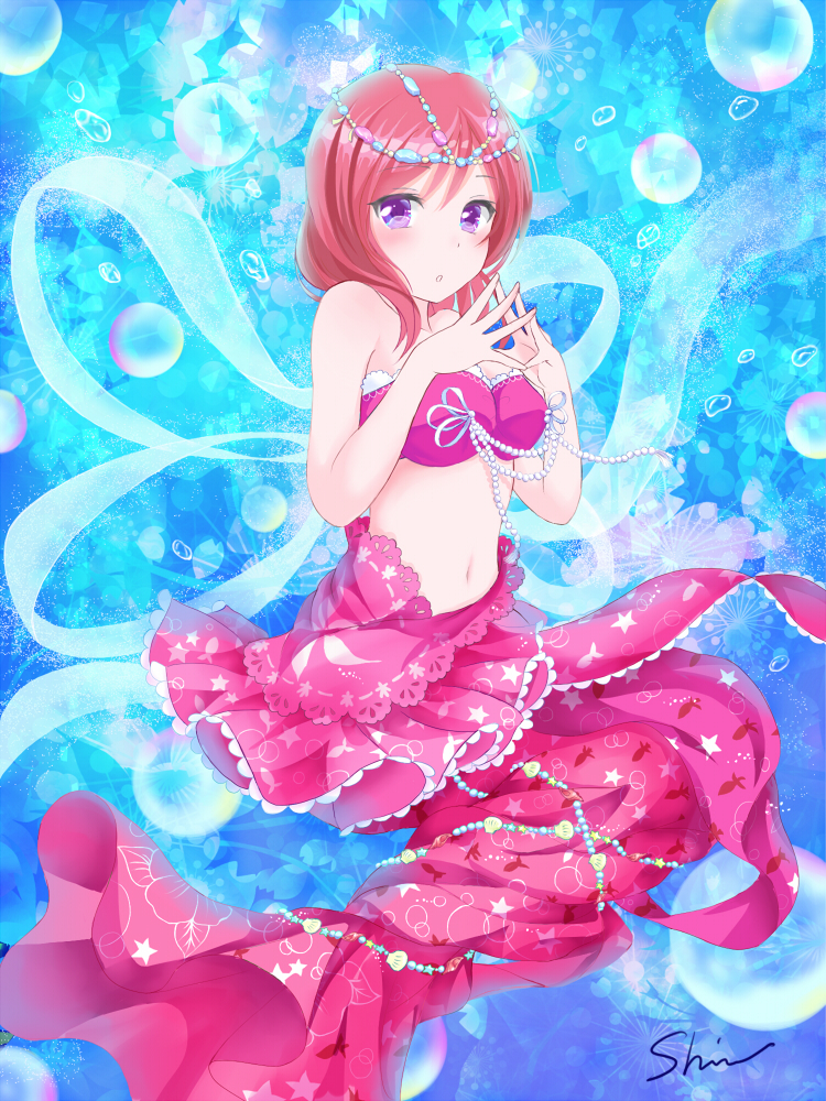 1girl, hair_ornament, looking_at_viewer, love_live!_school_idol_project, mermaid, monster_girl, nishikino_maki, redhead