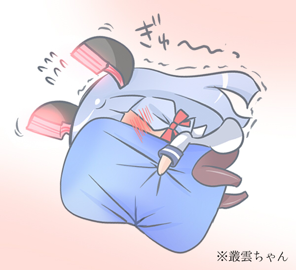 1girl, blue_hair, blush, chibi, flying_sweatdrops, hair_ribbon, headgear, kantai_collection, long_hair, long_sleeves, luce_(3lil), murakumo_(kantai_collection), red_ribbon, ribbon, solo, trembling, tress_ribbon