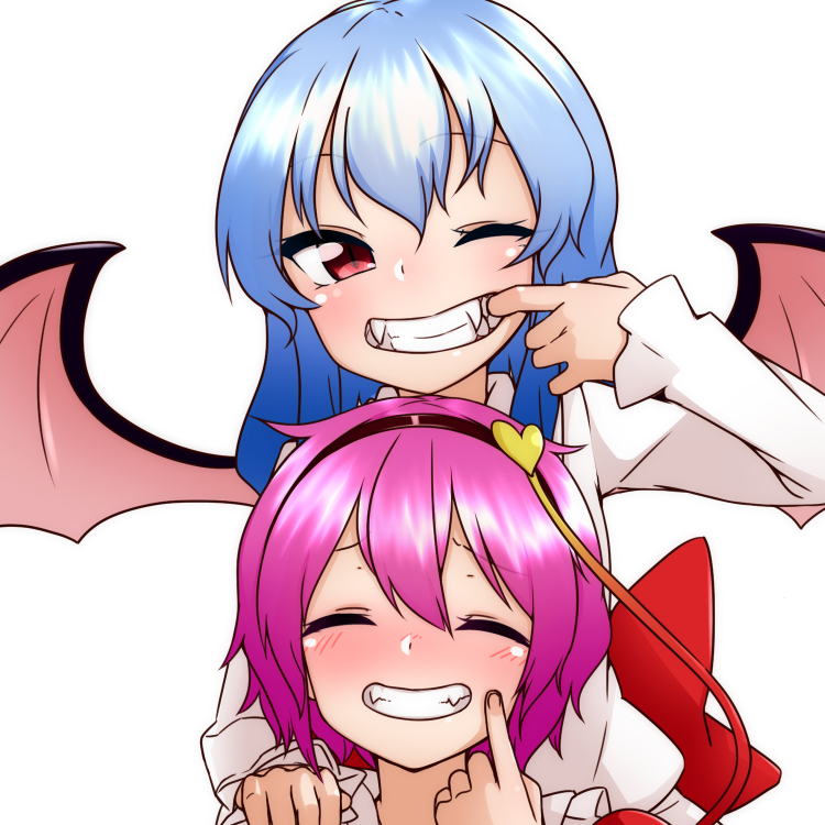 2girls, bat_wings, clenched_teeth, closed_eyes, fangs, hairband, kameyan, komeiji_satori