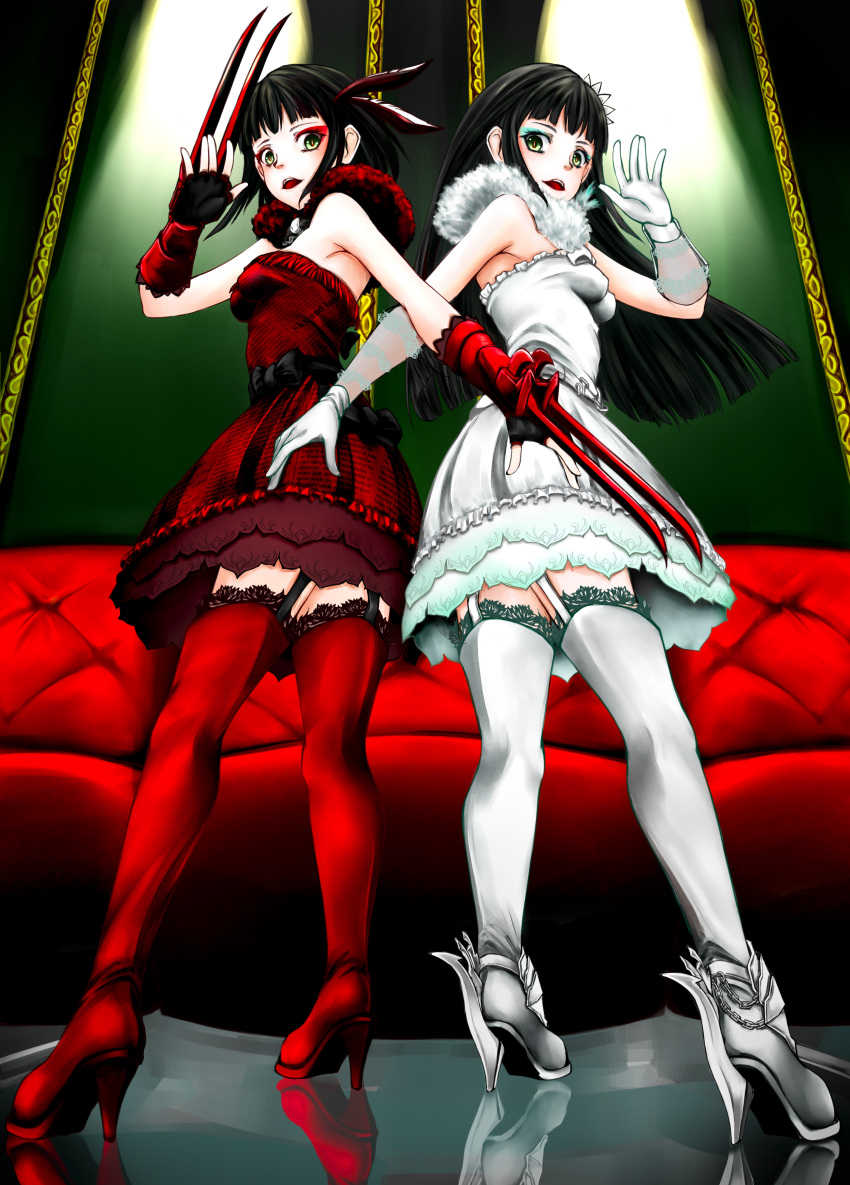2girls, absurdres, black_hair, dinahfiria, dress, garter_straps, gloves, green_eyes