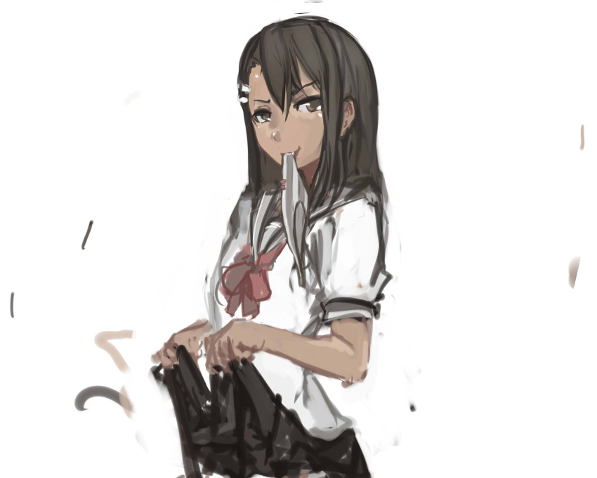 1girl, black_hair, borrowed_character, brown_eyes, dark_skin, fang, flat_chest, hair_ornament, hairclip, highres, long_hair, looking_at_viewer, mouth_hold, nagatoro, original, out-of-frame_censoring, pan!ies, panties, panties_in_mouth, panties_removed, school_uniform, serafuku, skirt, skirt_lift, solo, striped, striped_panties, underwear