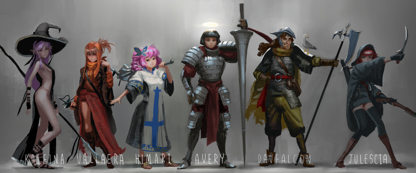 1boy, 5girls, animal_on_shoulder, armor, bird, bird_on_shoulder, borrowed_character, breasts