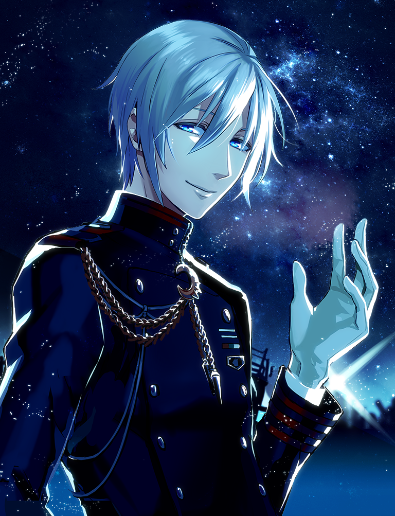 blue_eyes, gloves, hiiragi_shinya, kaya_lily, male_focus, military, military_uniform, owari_no_seraph, short_hair, smile, uniform, white_gloves, white_hair