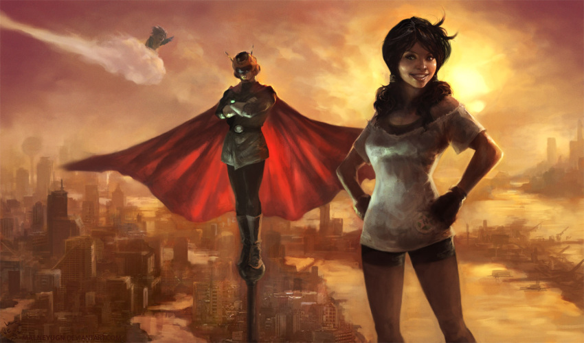 1boy, 1girl, bare_shoulders, bike_shorts, black_hair, boots, cape, crossed_arms