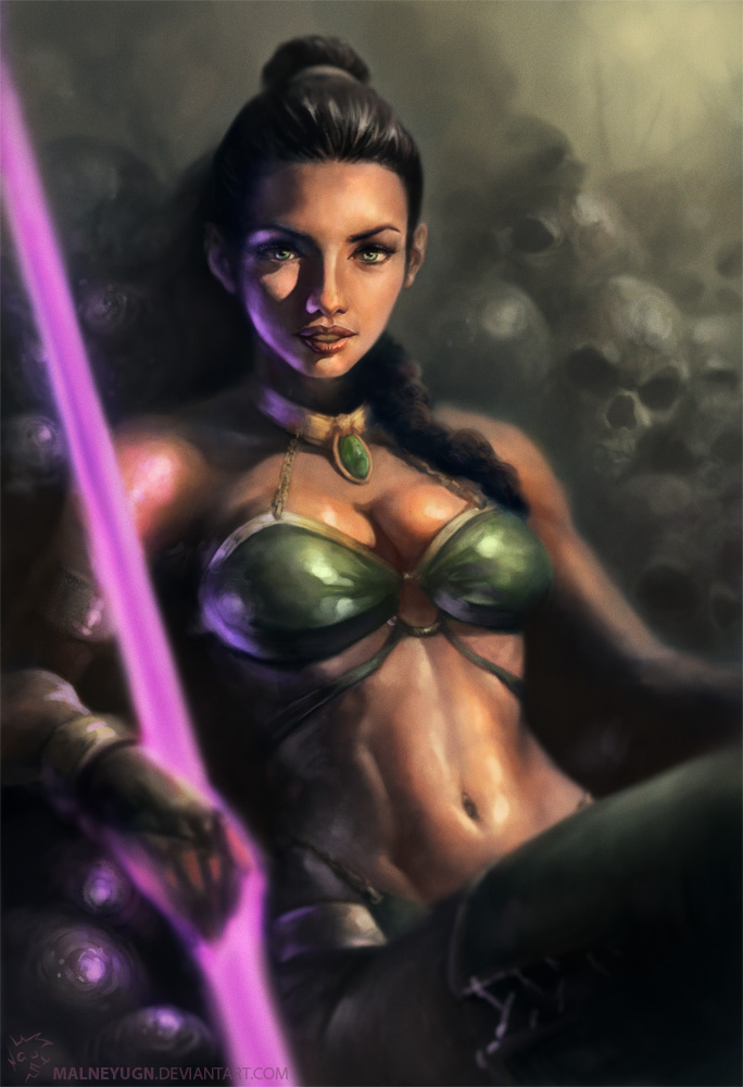 1girl, braid, breasts, bridal_gauntlets, choker, cleavage, elbow_gloves, energy_sword, gem, gloves, green_eyes, jade_(mortal_kombat), lam_nguyen, large_breasts, lips, long_hair, looking_at_viewer, midriff, mortal_kombat, navel, nose, realistic, reclining, single_braid, sitting, skull, solo, sword, thigh-highs, toned, weapon