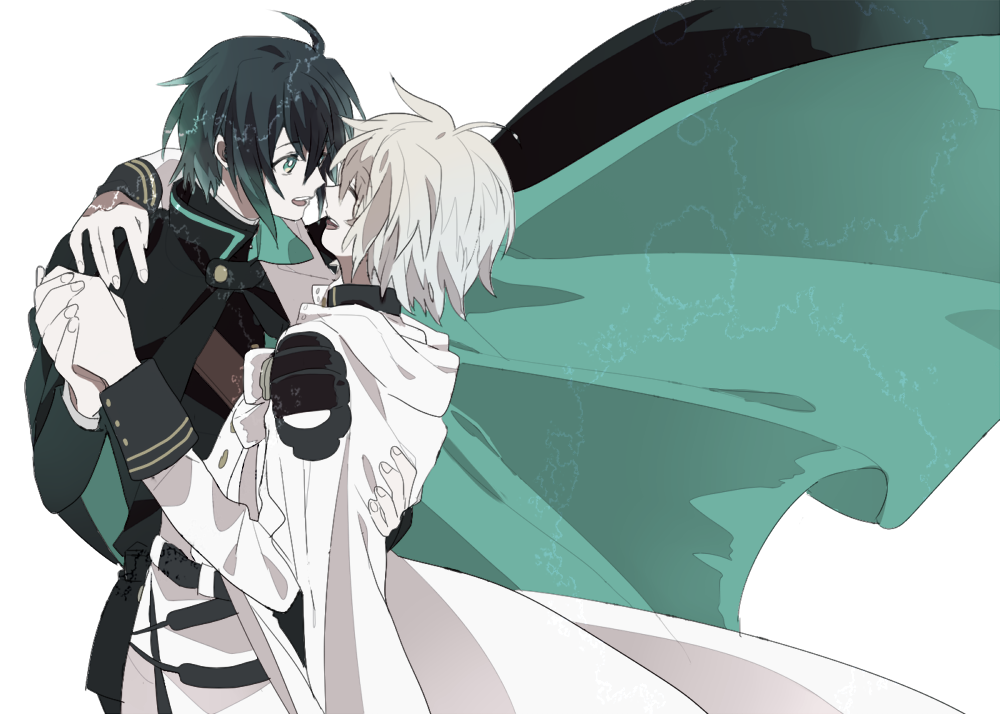 2boys, ahoge, black_hair, blonde_hair, camelot, cloak, closed_eyes, gloves