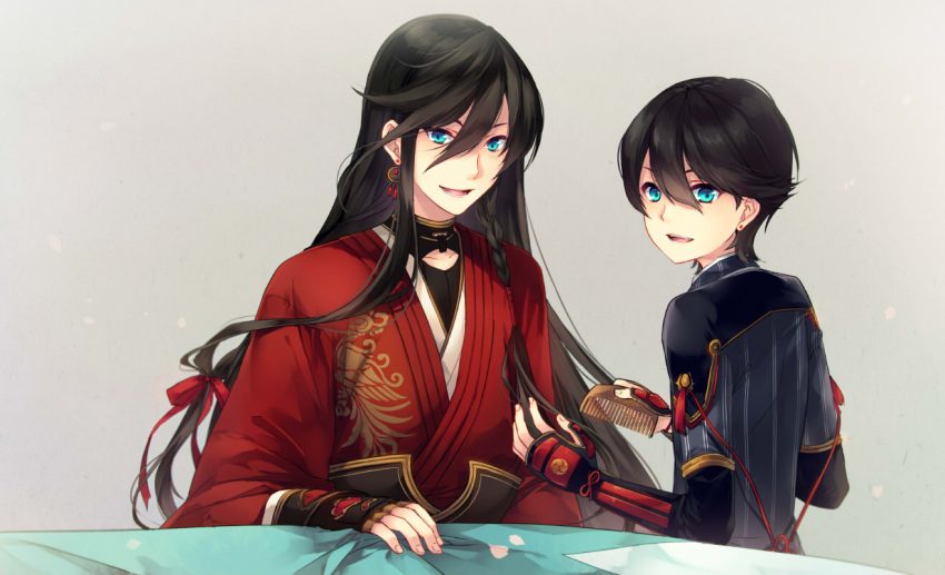 2boys, black_hair, blue_eyes, braid, comb, earrings, endend_(shinia), horikawa_kunihiro