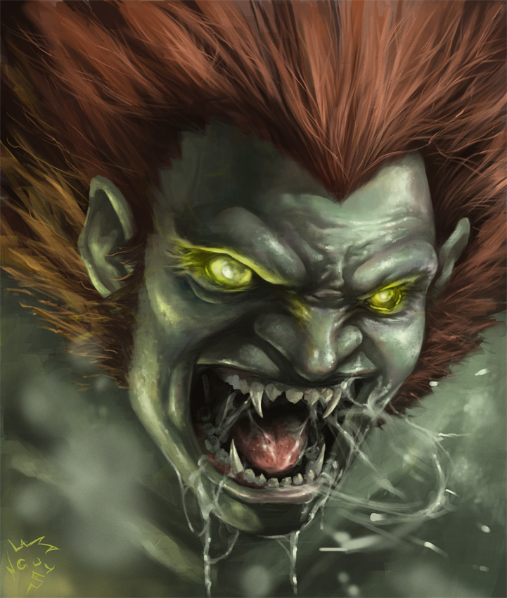 blanka, close-up, face, fangs, glowing, glowing_eyes, green_skin, lam_nguyen