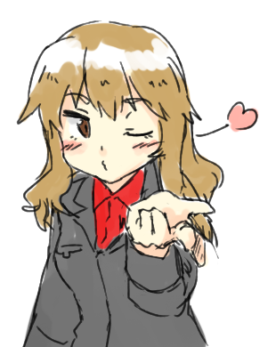1girl, blown_kiss, blush, brown_eyes, brown_hair, collared_shirt, fernandia_malvezzi, heart