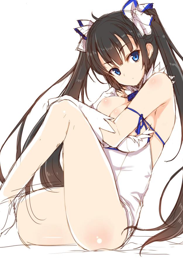 black_hair, blue_eyes, blue_ribbon, breasts, cleavage_cutout, dress, dungeon_ni_deai_wo_motomeru_no_wa_machigatteiru_darou_ka, hestia_(danmachi), large_breasts, legs, long_hair, rei_no_himo, ribbon, ro-ga_(kurumaya), twintails, white_dress