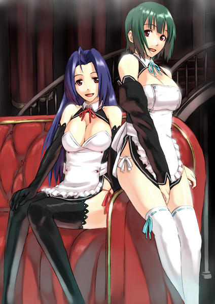 ahoge, blue_hair, breasts, brown_eyes, cleavage, cosplay, couch, detached_sleeves