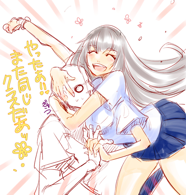 1boy, 1girl, closed_eyes, grey_hair, holding_hands, hug, long_hair, miniskirt